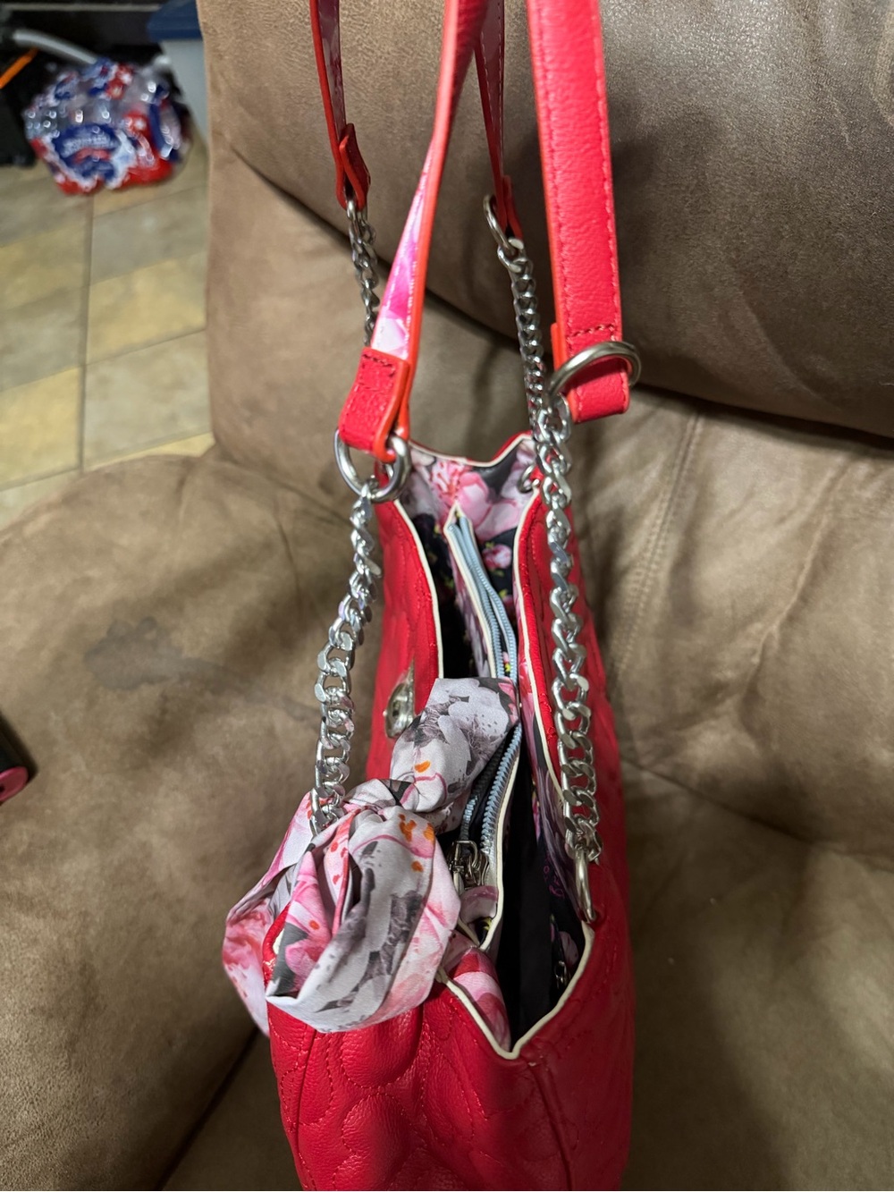 Quilted Red Top-Handle Tote with Floral Scarf - Picture 8 of 8